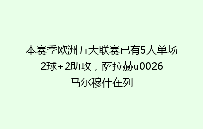 本赛季欧洲五大联赛已有5人单场2球+2助攻,萨拉赫u0026马尔穆什在列