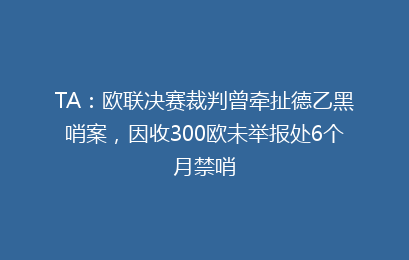 TA:欧联决赛裁判曾牵扯德乙黑哨案,因收300欧未举报处6个月禁哨
